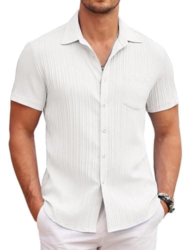 Image of COOFANDY Summer Short Sleeve Casual Shirt Regular Fit Textured Beach Shirts Hawaiian Solid Tops with Pocket White L