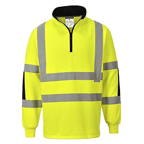 Image of Portwest B308 Xenon Hi-Vis Rugby Shirt Mens Workwear Long Sleeve Reflective Tape Quarter Zip Pullover Jumper Sweatshirt Construction Rail Highway Worker Safety Top, Yellow, S