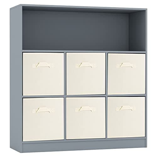 Image of URBNLIVING Wooden Wide 7 Cubed Cupboard Bookcase Storage Units Shelves 6 Drawers Baskets (White Drawer, Grey Bookcase)