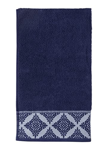 Image of La Maison Jacquard Rosa Floral Border 100% Cotton 500GSM Luxury Hand Towel Bath Towel Super Soft Highly Absorbent Everyday Use (70cm x 120cm Bath Towel, Navy)