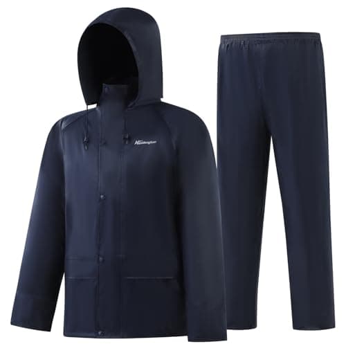 Image of QUANYONG Waterproof Rainsuit for Men - Windproof Hooded Jacket and Trousers Set for Hiking, Fishing, Camping, Cycling and Commuting (Navy Blue, XL)