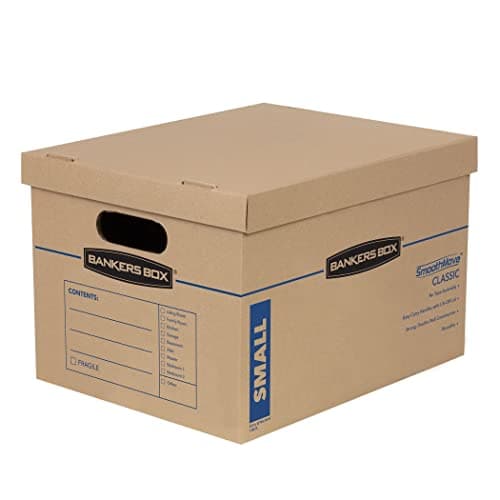 Image of 10 BANKERS BOX Strong Moving Boxes, SmoothMove Classic 32 Litre Cardboard Storage Boxes for Moving, Packing Boxes, Tape-Free Assembly, Easy Carry Handles, 38cm x 33cm x 26cm, Brown
