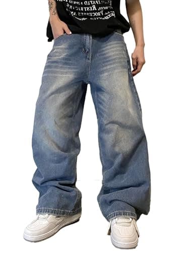 Image of Zewool Mens Hip Hop Baggy Jeans Wide Leg Skater Jeans Casual Loose Denim Pants Y2k Skateboard Streetwear Straight Leg Relaxed Fit Classic Vintage Extreme Motion Jogging Joggers,C10 Blue,XXL