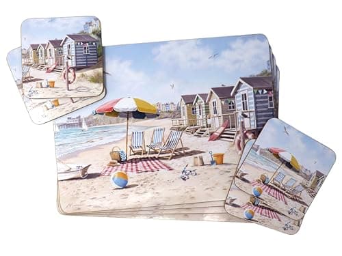 Image of Set of 8 Vintage Chic Beach Hut Coastal Scene Dinner Place Mats and Coasters