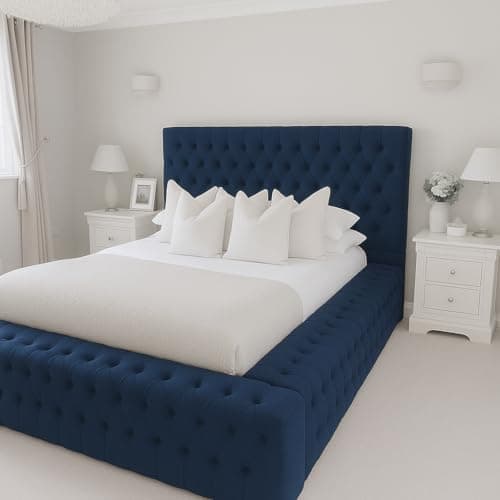 Image of Home Interior Plush Velvet Fabric Upholstered Ambassador Bed - UK Made - Small Double/Double/King/Super King Sizes (Navy Blue Plush, King (5ft) Bed Frame)