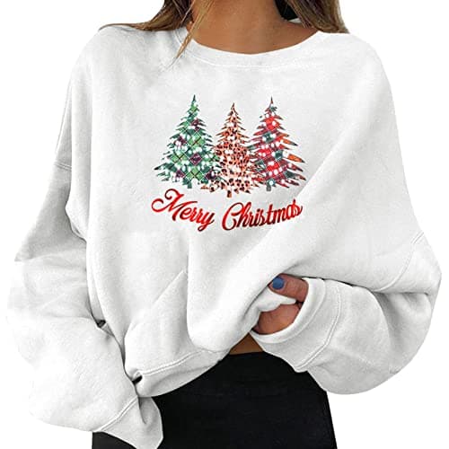 Image of Women's Christmas Pullover, Funny Graphic Print, Crew Neck, Long Sleeve, Sweatshirts, Gifts, Shirt Tops, White, L