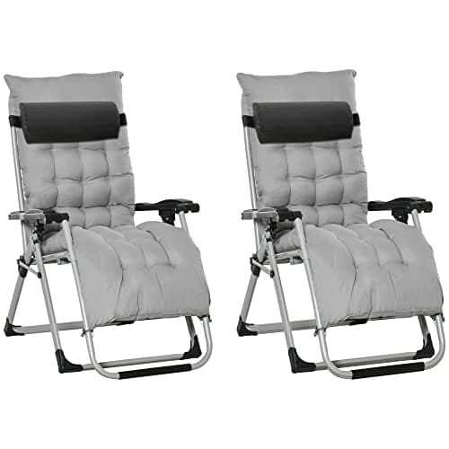 Image of Outsunny 2 Piece Reclining Zero Gravity Chair Metal Frame Folding Garden Sun Lounger with Cushion Headrest, Light Grey