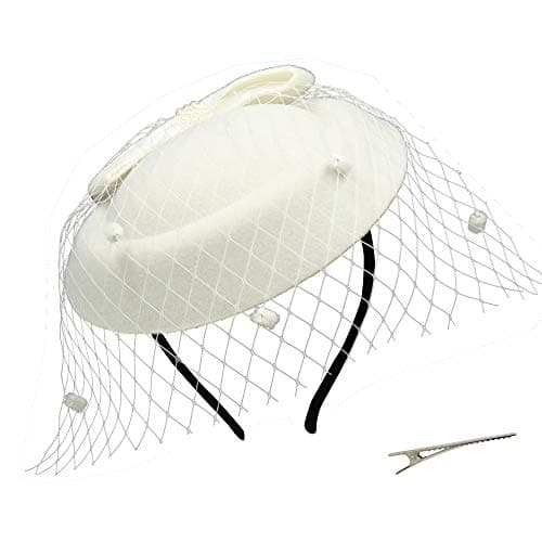 Image of Umeepar Bowknot Pillbox Fascinator Hat Headband for Women Tea Party Wedding Hat with Veil Hair Clip (White)