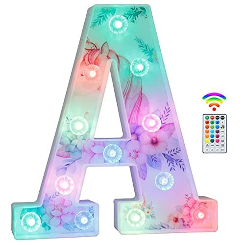 Image of Unicorn LED Light Up Letters, 18 Color Changing Diamond Alphabet Sign Unicorn Gifts for Girls Women Party Birthday Decorations Remote Night Light Christmas Valentine Wall Table Decor - A