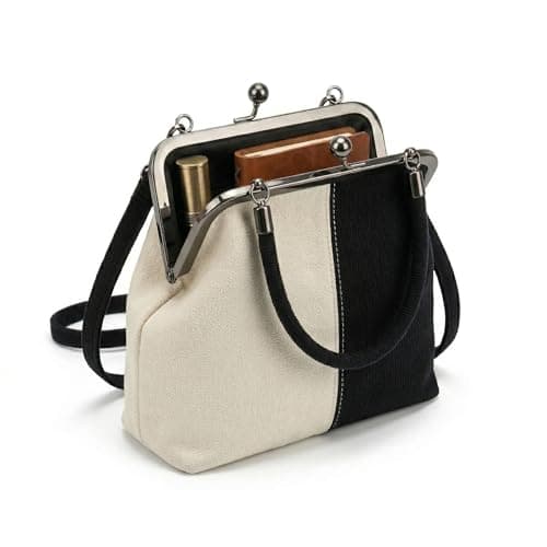 Image of Vintage British Style Handbag Retro Style Crossbody Bag Classic Daily Handbag for Women Outfit Travel Daily Use (Black and White)