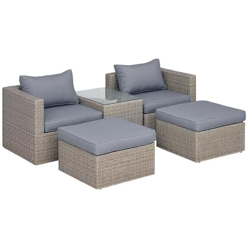 Image of Outsunny 5 Piece Rattan Garden Furniture Set w/ 10cm Thick Cushions, Aluminium Frame Wicker Outdoor Balcony Sofa Set with Corner Armchairs, Ottomans, and Glass Top Table, Mixed Brown
