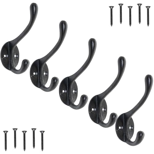 Image of EDUWURXS Heavy-Duty Cast Iron Coat Hooks Pack of 5 Wall-Mounted Hooks for Hanging Clothes Towels Coats, Rustic Vintage Design in Black Finish for Hallways, Bedrooms, Bathrooms, and Entryways
