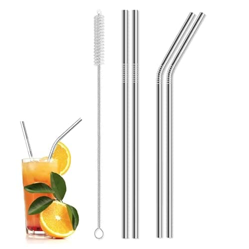 Image of 4 x Metal Stainless Steel Reusable Drinking Straws Eco Friendly + Cleaning Brush Party Summer Use Birthday Smoothie Milk Shake Water Juice Silver Bent & Straight Straws UK Free P&P