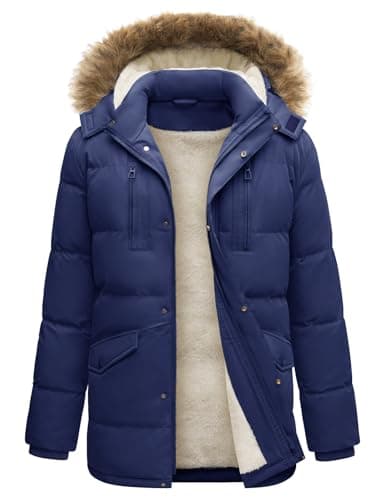 Image of heekpek Mens Jacket Winter Long Coats Warm Parka Hooded Water Repellent Outdoor Padded Fleece Lined Jackets, Navy Blue, L