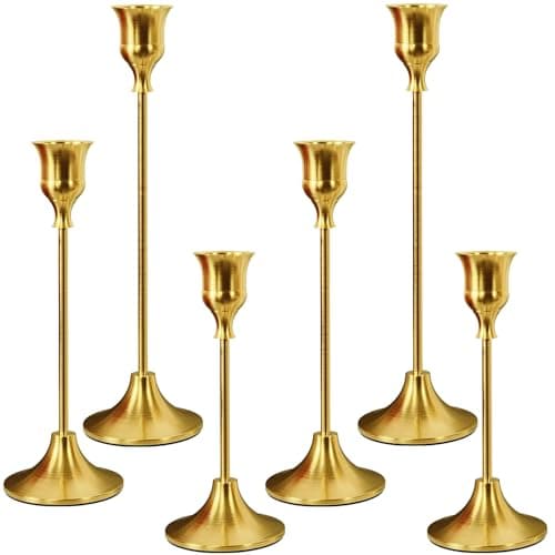 Image of 2 Sets(6 Pcs) Gold Taper Candle Holders, Metal Candlestick Holders for Standard Taper Candles, Modern Vintage Table Centerpiece Decor for Wedding, Christmas, Halloween, Dining Table & Mantel