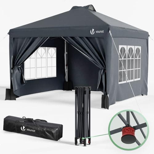 Image of VOUNOT 3m x 3m Pop Up Heavy Duty Gazebo with Sides, Central Lock System & 4 Weight Bags & Carry Bag, Marquee Garden Party Tent Outdoor, Grey