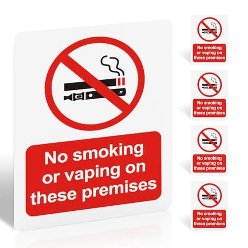 Image of No Smoking or Vaping on These Premises Sign - 5 Pack, 100x75mm Self-Adhesive Vinyl Sticker - UV Printed Matte Surface, Waterproof, EN ISO 7010 Compliant