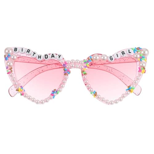 Image of APLZGMG Birthday Glasses for Women, Birthday Girl Heart-Shaped Sunglasses, Pink Stylish Sunglasses with Pearl, Birthdays Party Accessories Outfit Gift for Women Girls