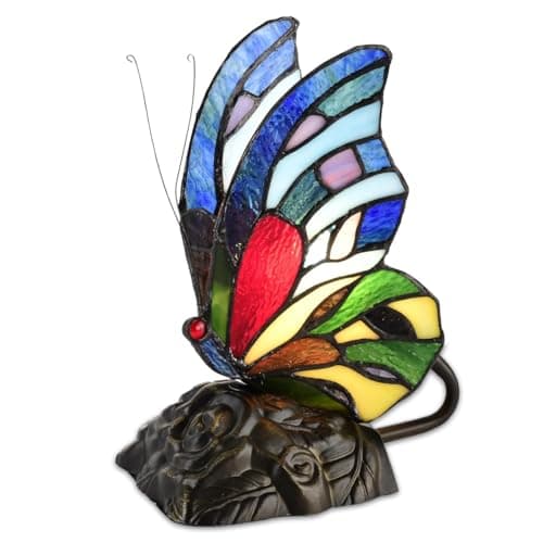 Image of Home Supplies Tiffany Lamps, Stained Glass Handmade Tiffany Vintage Bedside Table Lamps for Living Room, Bedroom, and Lounge (8 inches, Blue Butterfly Tiffany Style)