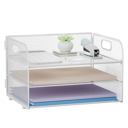 Image of Restorgan 3 Tier Paper Organiser with Handle, Mesh Desk Organiser Letter Tray, Paper Tray Organizer for A4 File Folder, White