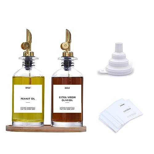 Image of sunal Olive Oil Bottle Dispenser for Kitchen,Oil and Vinegar Dispenser Set with Weighted Pourer,Glass Coffee Syrup Dispenser with Waterproof Label,Funnel and Bamboo Tray(Gold,350ml,2 pack)