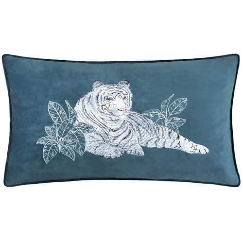 Image of Paoletti Odisha White Tiger Embroidered Cushion Cover - Blue - 30x50cm