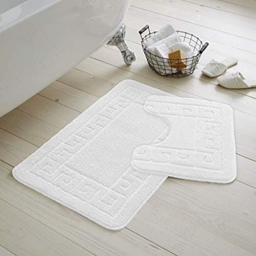 Image of EHD Greek Design 2 Piece Bath Mat and Pedestal Mat Sets Non Slip Water Absorbent Regular Size Bathroom Rugs (White)
