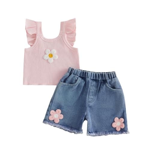 Image of BeliBacca Toddler Baby Girl Summer Outfits Flower Flying Sleeve Ruffle Ribbed Knit Tank Top Denim Shorts Set 2 Pieces Kids Girl Summer Clothes (Pink, 12-18 Months)