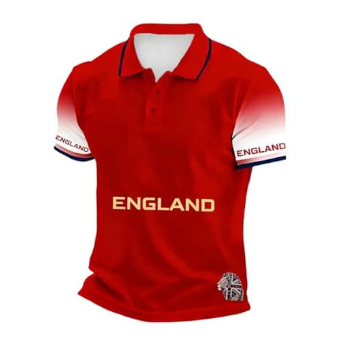 Image of Football Jersey Men, Men's England Football Shirt 2026 World Cup Shirts Polo Clear Printed Tops Mens Soccer Clothing Stretchy Jersey Men Lightweight Poloshirt Breathable Comfortable Red S