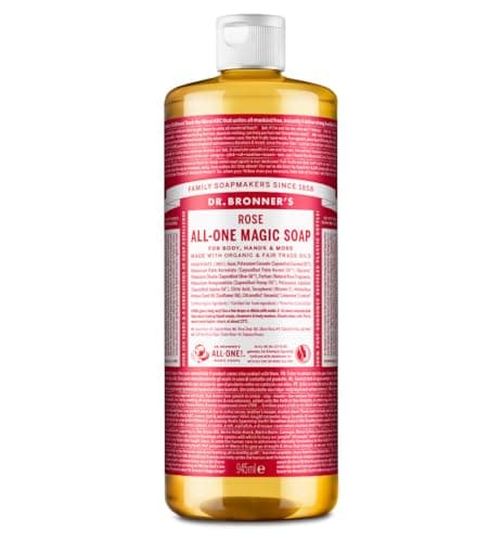 Image of Dr Bronner's 18-in-1 Rose Pure Castole Liquid Soap, Made with Organic Oils, Used for Face, Body, Hair, Laundry, Pets and Dishes, Certified Fair Trade & Vegan Friendly, 946ml Recycled Bottle