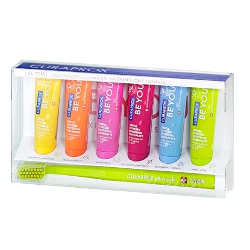 Image of Curaprox Be You Toothpaste Taster Pack – Set of 6x10ml Bold Flavours | Gentle Whitening with Enzymes & Fresh Breath | Includes CS 5460 Ultra Soft Toothbrush | Vegan, SLS-Free | Made in Switzerland