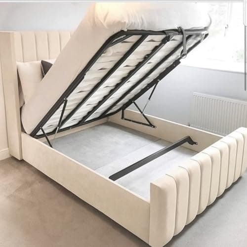 Image of Ottoman Bed Frame with Gas Lift Storage - Plush Velvet Upholstered - Single Double Kiing Super King - Hand Made in UK (Cream Plush, Single 3ft)