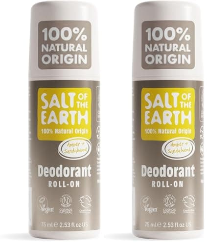 Image of Salt of the Earth - Natural Deodorant Roll On - 100% Natural Origin Ingredients, Effective Protection, Vegan & Cruelty Free. Suitable for Men, Women & Kids - Amber & Sandalwood - 75ml (Pack of 2)