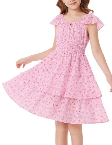 Image of GRACE KARIN Girls Summer A-Line Tiered Floral Dress, Ruffle Sleeve Square Neck Midi Flower Girl Party Dresses 6-14 Years Pink Flowers 13-14 Years