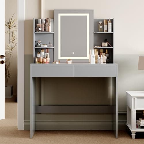 Image of mcc direct Dressing Table, Vanity Desk with Mirror, LED Lights and Drawers, Makeup Desk with Brightness Adjustable, Large Open Storage Areas for Bedroom (Grey) - TEXAS
