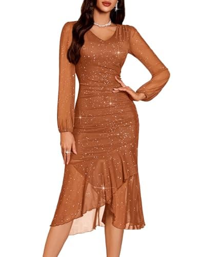 Image of DRESSTELLS Sequin Wedding Guest Dresses for Women UK, Sparkly Long Sleeve Wedding Guest Cocktail Evening Party Prom Bodycon Split Mesh Long Dress Caramel M