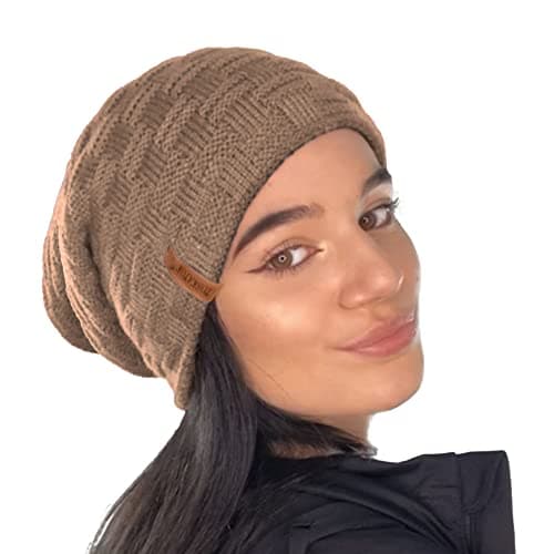 Image of TOSKATOK® Ladies Mens Unisex Warm Winter Textured Knit Slouch Beanie hat with Cosy Faux Fur Teddy Fleece Liner Camel