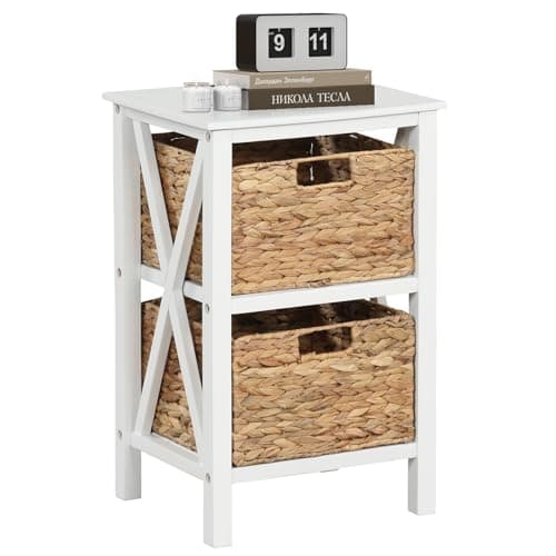 Image of COSTWAY Bedside Table with 2/3 Seagrass Baskets, Solid Wood Narrow Nightstand Sofa Side Table, X-Shaped Acacia Wood Legs Bedside Cabinet Accent End Table for Living Room Bedroom (1PC-2 Tiers, White)