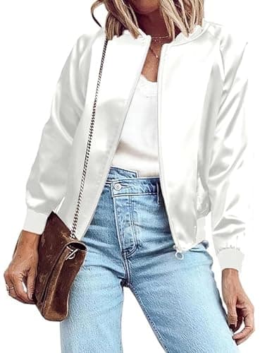 Image of Zeagoo Women's Bomber Jacket Lightweight Zip Up Jacket Casual Striped Jacket Coat Outerwear Windbreaker with Pockets, Pure White, Large