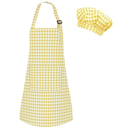 Image of TOPWAYS Grid Kids Apron and Chef Hat Set, Adjustable Check Child Chef Aprons with 2 Pockets, Lattice Print Children's Apron for Kids Toddler Painting Baking Cooking Artist (Grid Yellow, M(3-6Years))