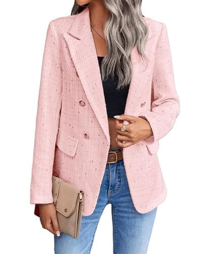 Image of Women's Fall Business Plaid Tweed Blazer Jacket, Plaid Blazer for Women, Womens Blazers for Work Casual (Pink,L)