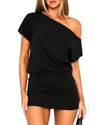 Image of Coloquin Women Off Shoulder Short Sleeve Mini Dress Y2k Bodycon T Shirt Dress Casual Party Going Out Dresses Black M