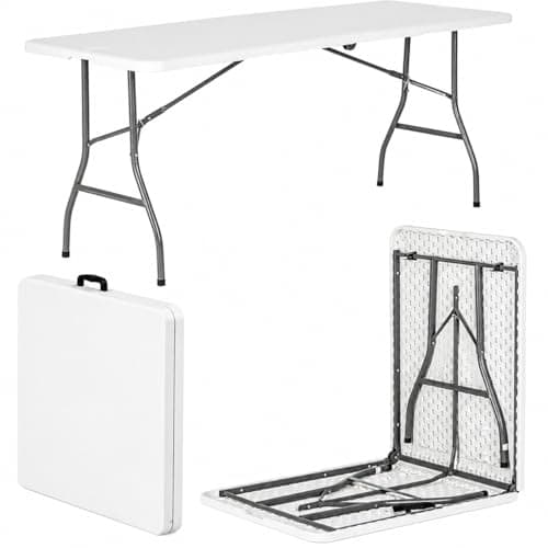 Image of BURAKH 6ft Folding Trestle Table 180cm – Heavy Duty Portable Folding Table with Carry Handle for Catering, Picnic, Camping, Garden, BBQ, Parties & Events – Indoor/Outdoor Use (White)
