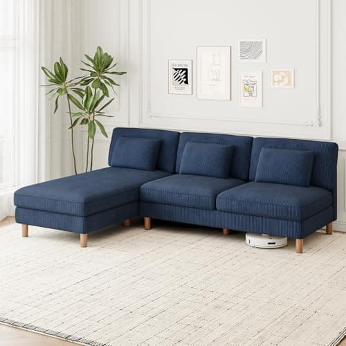 Image of Vesgantti Corduroy 3 Seater Sofa with Reversible Chaise Lounge, 249cm L-Shaped Corner Couch with 3 Extra Pillows, Perfect for Living Room, Bedroom, Office, Tool-free Assembly, Blue