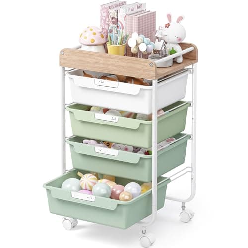 Image of SYKIARIOL 4 Drawer Storage Trolley with Drawers, Craft Trolley on Wheels with Handles, Multifunctional Rolling Storage Organizer for School, Office, Bedroom, Living Room - Green