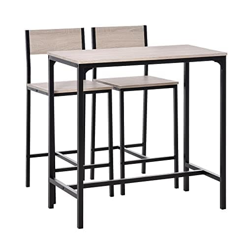 Image of HOMCOM 3-Piece Bar Table and Stools Set, Industrial Breakfast Bar Set with Footrest, Backrest, Metal Frame, Kitchen Table and 2 Chairs for Dining Room, Small Space, Natural Wood Finish