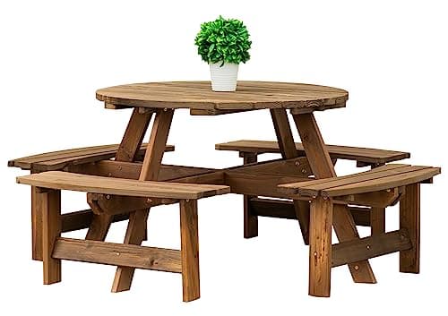 Image of Woodside 8 Seater Round Outdoor Pressure Treated Wooden Pub Bench/Garden Picnic Table