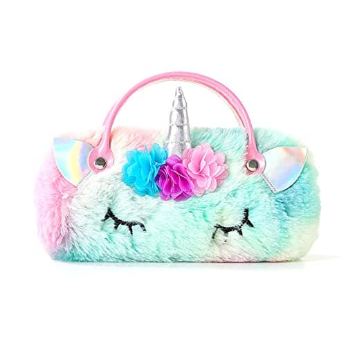 Image of Hifot Plush Unicorn Hard Eyeglass Case, Portable Sunglasses Pouch with Handle Cute Glasses Case Makeup Storage Bag for Kids, Women