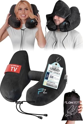 Image of FLOWZOOM Air Inflatable Travel Neck Pillow for Airplane & Car – H-Shape Travel Pillow with Hood, 5 Sleeping Positions, Quick Inflation, Adjustable Pressure, Soft Plush Cover – Size L, Black