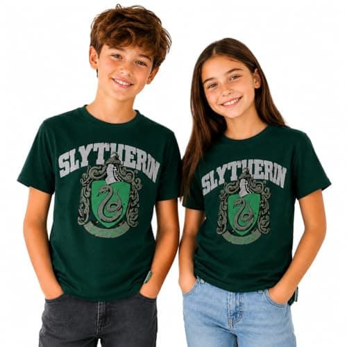 Image of Licensed Kids Unisex Harry Potter Slytherin T-Shirt – Official Hogwarts House Crest Tee with Raised Puff Print – Ages 1 to 13 Years, Green (UK, Age, 5 Years, 6 Years, Regular, Green)